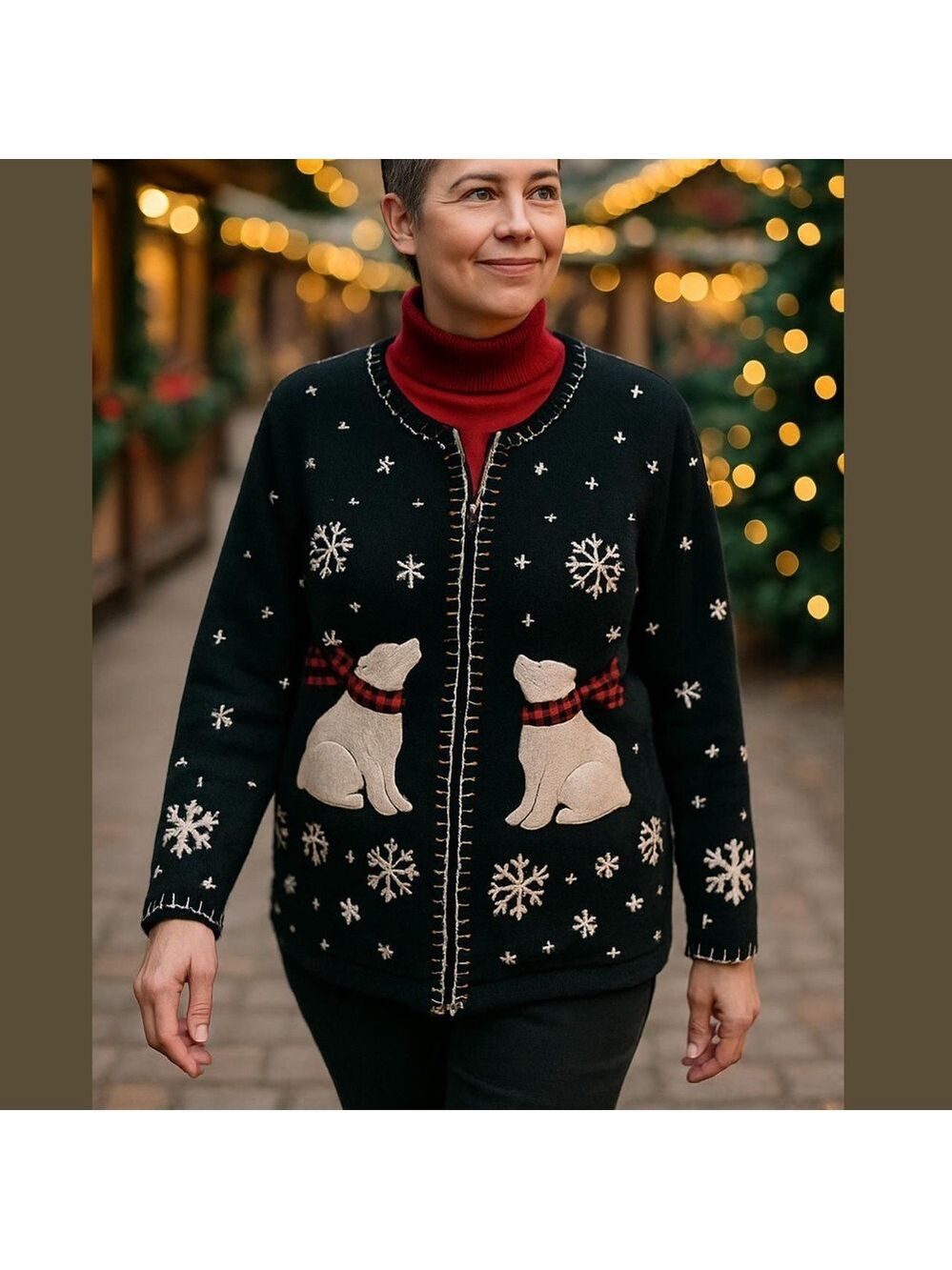 90s COTTON BLEND POLAR BEAR SNOWFLAKE CHRISTMAS CARDIGAN SWEATER TIMBERLEA SZ L